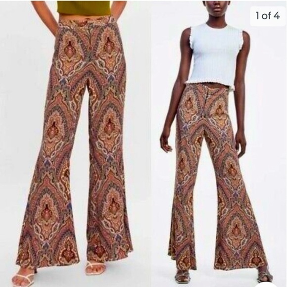 Zara Flared Trouser Bohemian Vibrant Paisley Style Genie Chic Polyester Pants - Picture 1 of 14